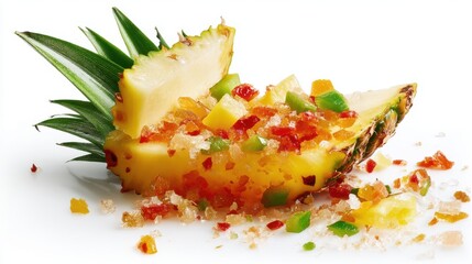 Poster - Exotic pineapple dessert with candied fruit and crushed ice on a white surface studio shot