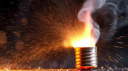 Poster - Macro shot captures intense moment of burning fuse creating sparks against dark backdrop, A macro shot of a burning fuse in front of a black background