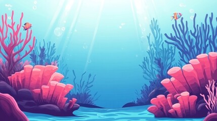 Poster - Vibrant underwater scene with coral reefs and colorful fish swimming in turquoise water creating a serene and peaceful aquatic environment filled with light