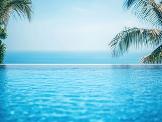 Poster - Serene infinity pool merging with the ocean horizon under a clear blue sky framed by swaying palm trees evoking a tranquil tropical getaway and relaxation