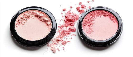 Poster - Two elegant blush compacts showcasing soft pink hues against a pristine white backdrop in a clean beauty still life capturing the essence of cosmetic artistry