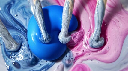 Poster - Ink swirling in water creates an abstract display of blue, pink, and gray colors in slow motion, SLO MO CU Blue, pink and gray ink dissolving in water / London, UK