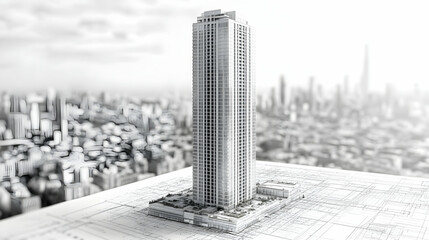 Architectural model of a skyscraper on blueprints, city view in background