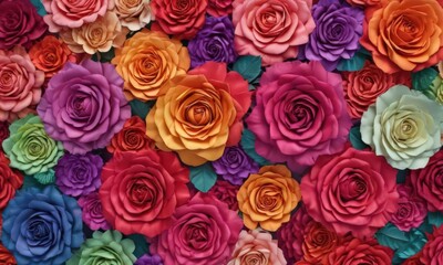 Wall Mural - Gradient of vibrant paper roses, various sizes and shades creating a colorful floral backdrop ,  scarlet,  art