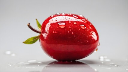 macro close-up of bright red miracle fruit with glossy skin and a green leaf captured in ultra-clean