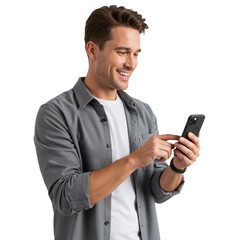 young handsome man using smartphone isolated on transparent background png