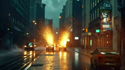 Poster - Sparks and particles illuminate a rainy urban street at dusk, Sparks Particles Embers