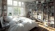 © musthofa - A sunlit bedroom, filled with bookshelves and personal photos.