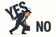 © Elisa - Concept art showing a tired businessman burdened by 'YES', walking towards 'NO'. Represents job pressure, burnout prevention, the power of refusal, and managing workload stress.