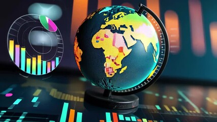 Poster - Data processing with a globe highlighting global connectivity on a black background, globe over data processing on black background