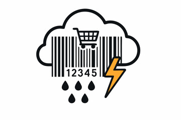 Conceptual vector illustration of cloud computing meets retail, featuring a barcode storm cloud with shopping cart, rain, and lightning bolt symbolizing e-commerce disruption or flash sales.