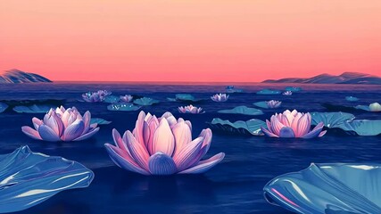 Poster - Floating blooms radiate charm under a dreamy twilight sky by the serene lake Generative AI