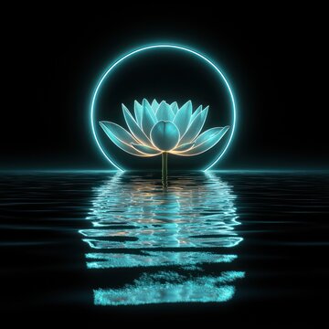 Glowing Lotus Flower on Water with Neon Circle Light Reflection