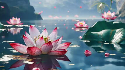 Poster - Discover the beauty of lotus flowers blooming on a tranquil lake during early morning light in a serene natural landscape Generative AI