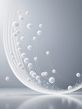 Abstract graphic representation of IQ score distribution across population. Smooth white curved lines, connected silver spheres illustrate normal distribution curve. Soft lighting, bokeh effect adds