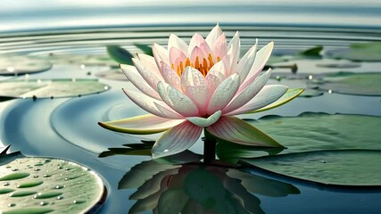 Poster - Elegant lotus flower gracefully blooms on tranquil water surface at daybreak, showcasing nature's finest beauty Generative AI