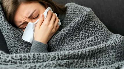 Poster - Exhausted woman resting on living room sofa, wrapped in warm blanket, wiping runny nose while recovering from viral infection