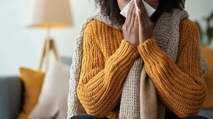 Poster - Young african american woman suffering from cold or flu, blowing her nose with tissue paper at home, feeling unwell, seasonal illness concept