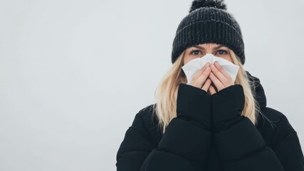 Aufkleber - Suffering winter cold, blonde woman blowing nose with tissue, wearing warm outerwear against pale backdrop, experiencing seasonal sickness