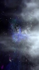Leinwandbilder - A dynamic display of vibrant particles dances through a foggy backdrop, illuminating the dark atmosphere with enchanting colors, vertical video
