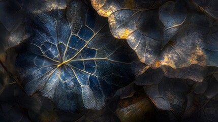 Wall Mural - Intricate Autumn Leaves Dark Blue and Gold Hues Closeup Macro Photography