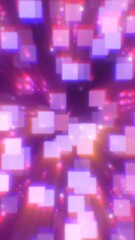 Fototapete - Abstract glowing cubes and pixel shapes in motion, forming a vibrant digital tunnel in pink and purple hues