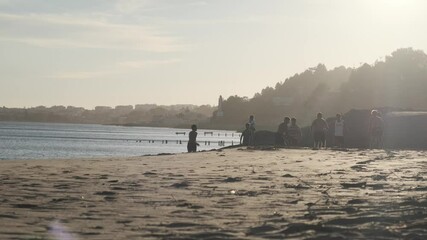 Wall Mural - golden sunlight illuminating playful children running, jumping, and enjoying shoreline moments durin