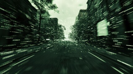 Aufkleber - Digital Cityscape: A Futuristic Drive Through a Matrix-like Urban Environment