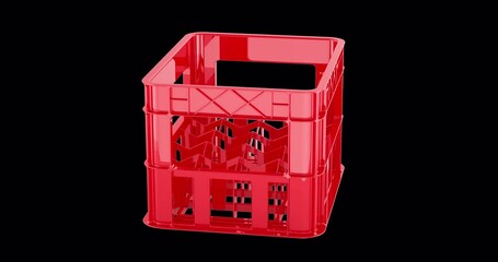 Poster - Empty red plastic crate for bottles rotation animation, seamlessly loopable. 3D rendering isolated on transparent background