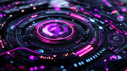 Poster - Abstract Futuristic Technology Interface: Neon Pink and Blue Digital Cyberpunk  Circular Design