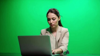 Poster - Focused Work on Green Screen: A focused woman, dressed in professional attire, is engrossed in work at her desk, with a sleek laptop on a vibrant green screen background.