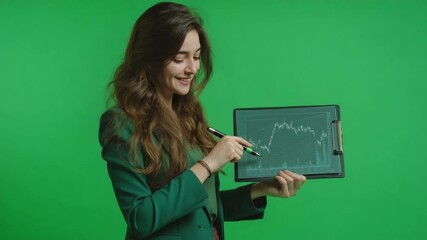 Poster - Businesswoman Presenting: A confident businesswoman, dressed in a smart ensemble, stands against a vivid green backdrop, engrossed in presenting a dynamic data chart.