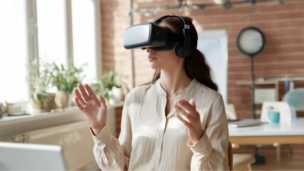 Poster - Immersive Experience with VR Technology: A person dons a virtual reality headset, exploring a futuristic digital world. Capturing the intersection of technology, innovation, and the human experience.