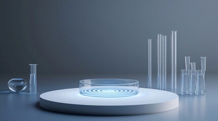 Elegant,  transparent  display  with  glowing  glass  objects.