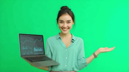 Poster - Smart Woman and Laptop: A stylish woman, beaming with confidence, holds a laptop showcasing financial graphs, offering an invitation to a world of possibilities with a vibrant background.
