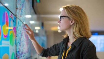 Poster - Analyzing Data: A focused woman in eyeglasses studies intricate graphs and charts on a wall-mounted display, embodying the essence of information analysis and technological advancement.