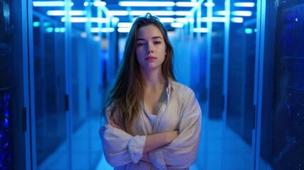 Poster - Tech Professional in Data Center: A focused tech professional stands amidst a futuristic data center, the blue-lit environment accentuating her determined gaze and command of the digital realm.