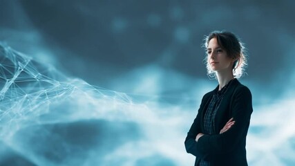 Poster - Visionary Woman: A woman with an insightful gaze, illuminated by abstract light, standing confidently.