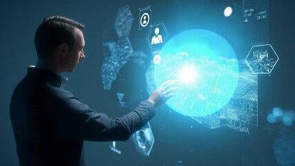 Poster - Innovation at Hand: A man engages with a futuristic holographic interface, illuminated by a bright aura in a high-tech scene.