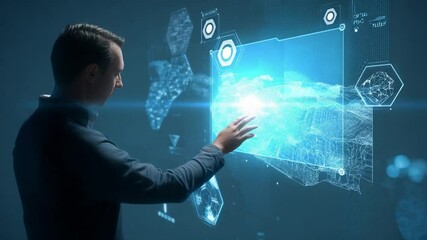 Poster - Man Interacting with Holographic Interface: A man in a dark jacket interacts with a futuristic holographic interface, exploring a 3D digital landscape. The scene is set against a dark blue background.
