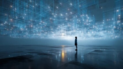 Poster - Digital Explorer: An awe-inspiring shot of a person dwarfed by a vast digital network, gazing upward, evoking the infinite possibilities and complexities of the digital age.