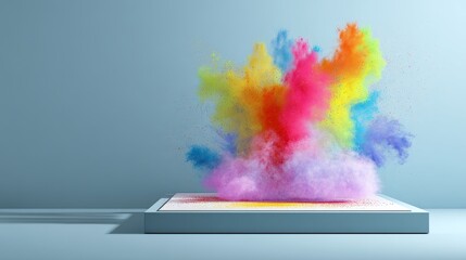 Poster - Vibrant Rainbow Color Powder Explosion on Blue Platform Abstract Background Digital Art Colorful Design Modern Style Creative Image Vivid Hues Energetic Burst Graphic    
