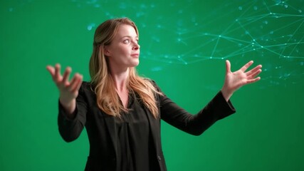 Poster - Digital Interface with Expert Woman: A skilled woman, immersed in technology, engages with an intricate digital network over a vivid green screen, demonstrating advanced capabilities.