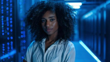 Poster - Confident Woman in a Futuristic Tech Environment: A stylish and intelligent woman stands amidst a high-tech server room, illuminated by cool blue lights.  