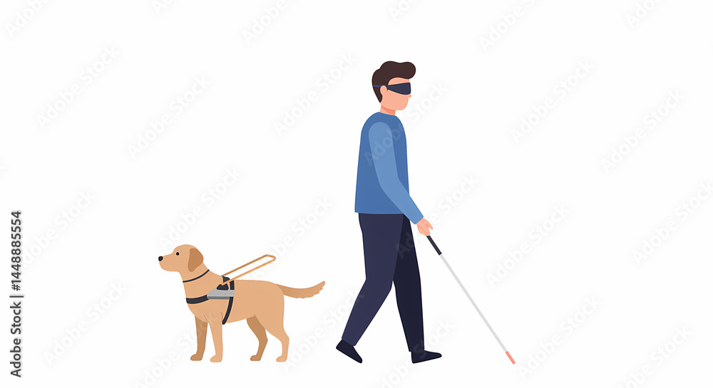 A guide dog assisting a visually impaired person navigate using a cane ...