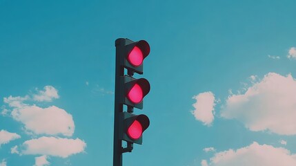 Poster - Bright Pink Traffic Light Against Vivid Blue Sky Stunning Summer Day Outdoor Photography Minimalist Urban Scene Three Red Lights Transportation Signal Stop Sign Urban    