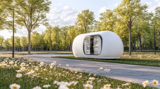 Modern oval structure in park setting architectural design rendering