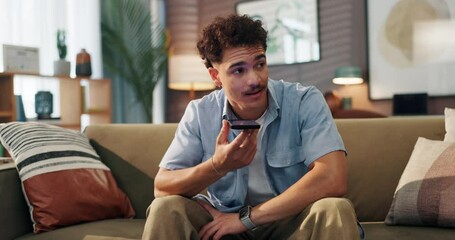 Aufkleber - Man, sofa and talking with speaker phone for audio recording, sound message or voice note at home. Male person, user or chatting with mobile smartphone for communication app or network at house