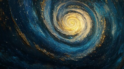 Poster - Abstract Golden Blue Swirling Galaxy Spiral Cosmic Nebula Artistic Painting Digital Art Background Texture Design Illustration Image Sky Dark Deep Space Stars Night Twirl