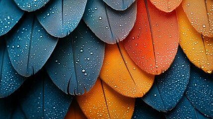 Colorful bird feathers with water droplets, close-up texture